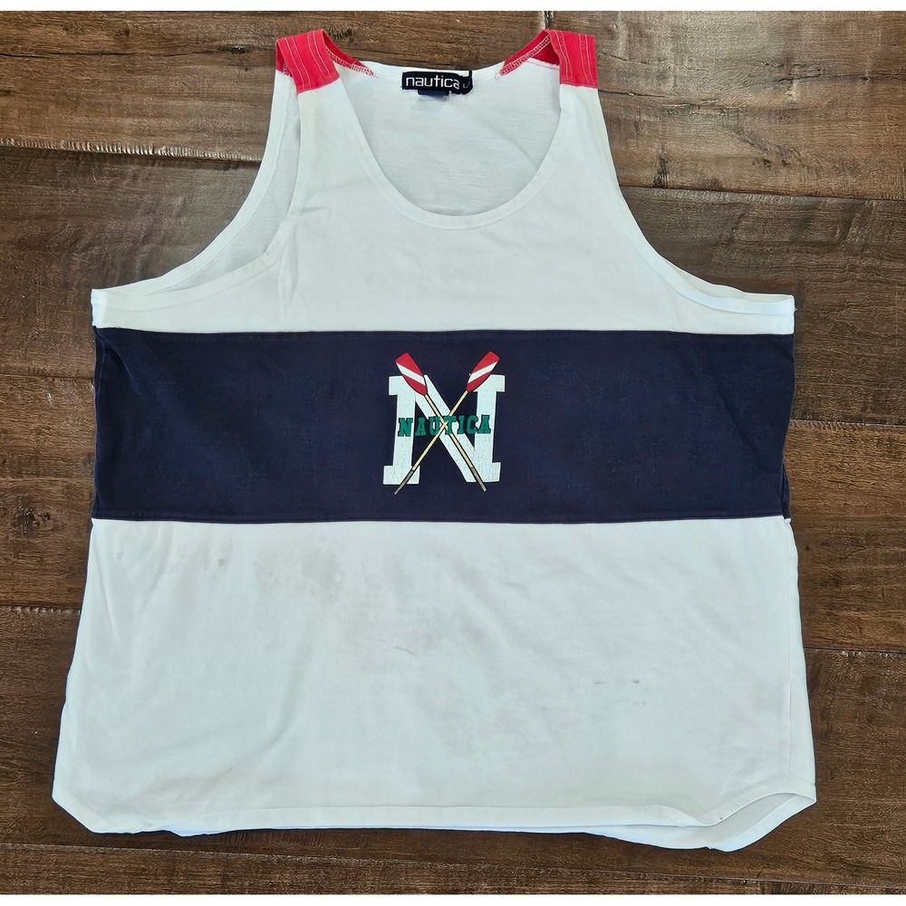 VTG Nautica Mens Tank Top L White Navy Blue Colorblock Oars Graphic Cotton